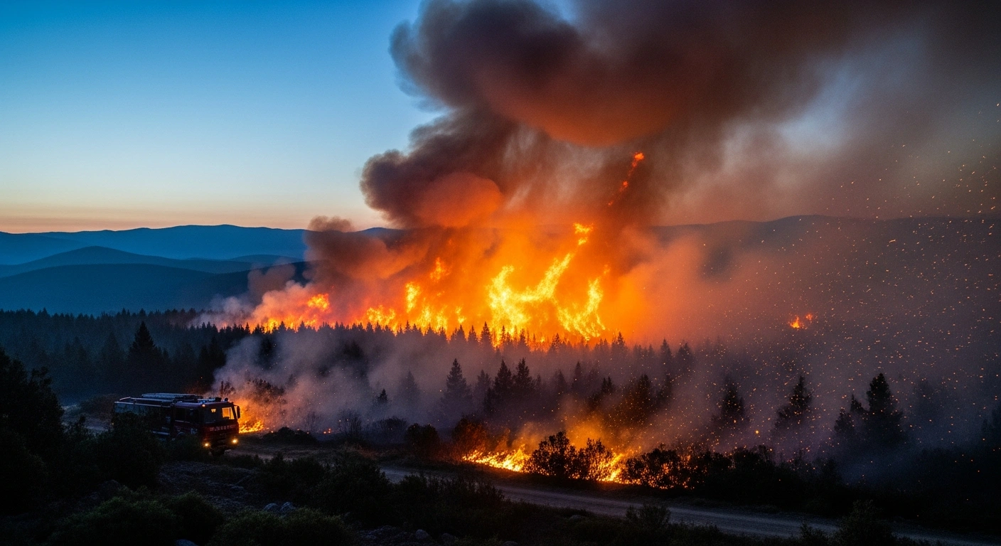 A massive wildfire burns through the Pyrenees-Orientales region of Southern France, forcing emergency evacuations as flames consume thousands of hectares of land.