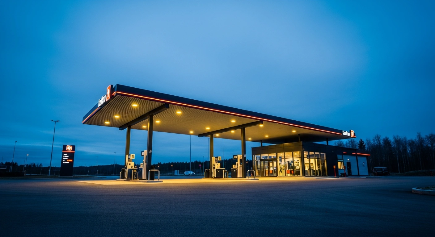 A modern Q8 service station stands illuminated at twilight as part of the company's divestment of its Danish operations.