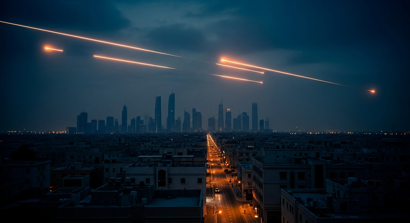 Air defense systems engage unidentified aerial threats over a quiet city skyline in Qatar during a high-security alert.