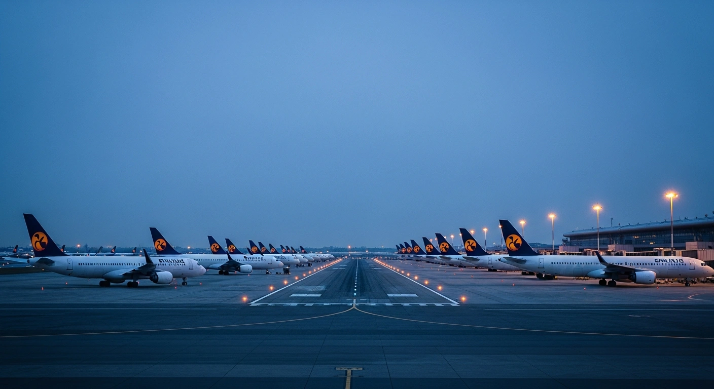 A fleet of commercial airplanes sits grounded on the tarmac at Hamad International Airport during the ongoing closure of Qatari airspace.
