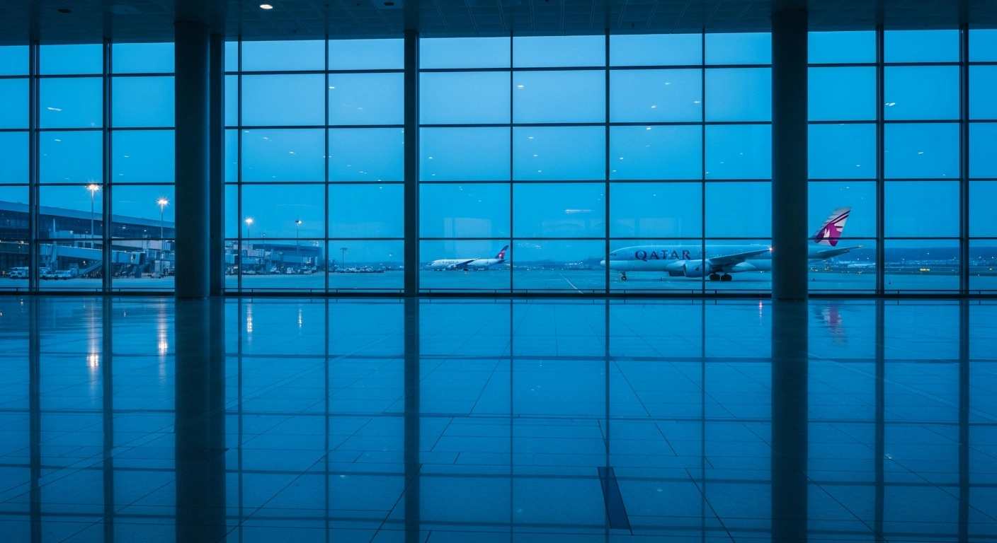 A deserted airport terminal at pre-dawn, bathed in cool blue light, with a single Qatar Airways aircraft visible on the tarmac, symbolizing the airline's significant reductions in flight schedules for destinations like London Gatwick, Venice, and Warsaw, reflecting a broader contraction in European flight capacity.