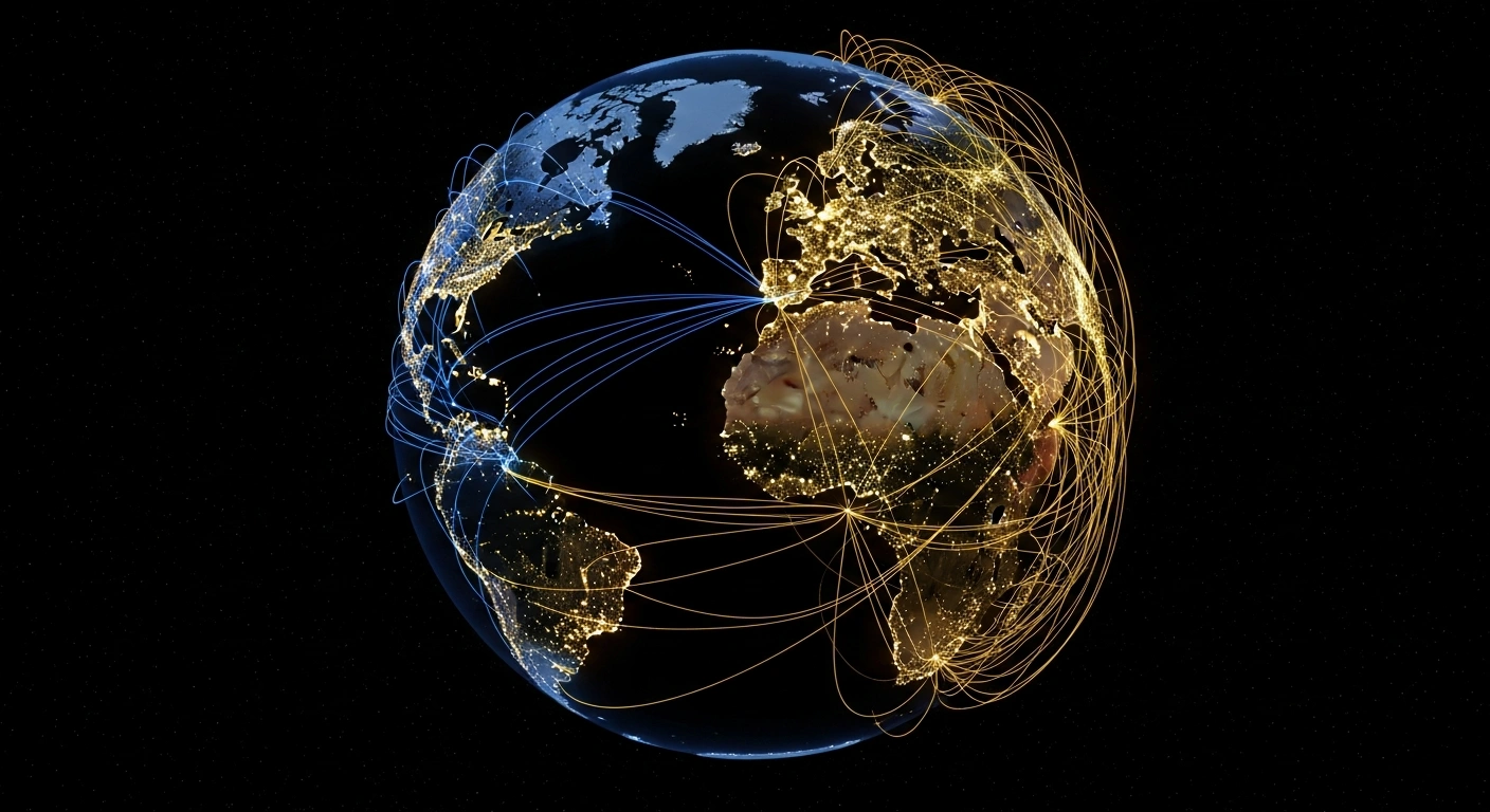 A stylized globe illustrates Qatar Airways' strategic adjustments to its European flight network, showing dimming routes over London, Warsaw, and Venice, contrasted with new, brightly illuminated flight paths expanding towards Africa and South America.