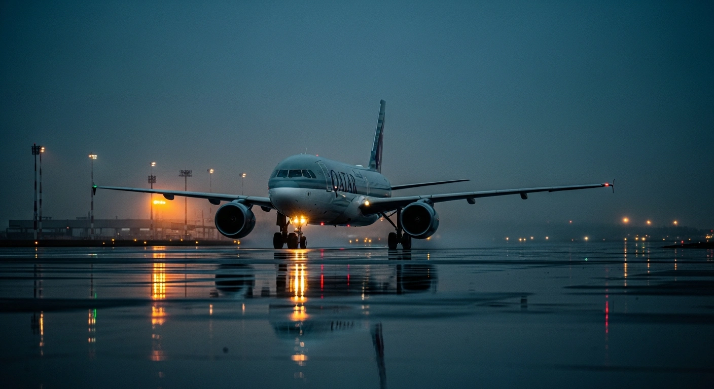 A Qatar Airways aircraft prepares for a repatriation flight on a runway at Doha airport during a period of restricted airspace.