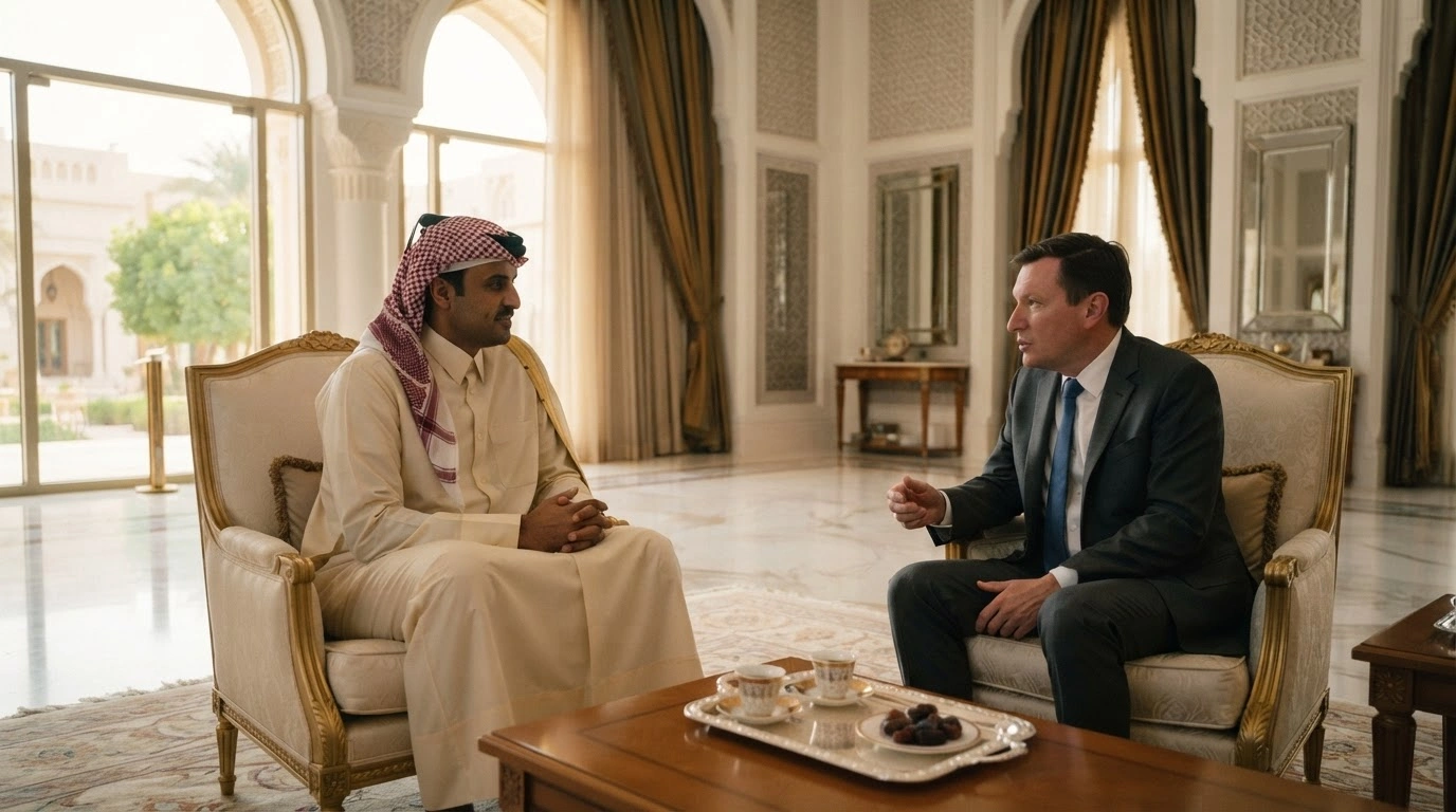 The Amir of Qatar, Sheikh Tamim bin Hamad Al Thani, meets with U.S. Senator Chris Murphy in a formal setting in Doha to discuss bilateral relations and regional stability.