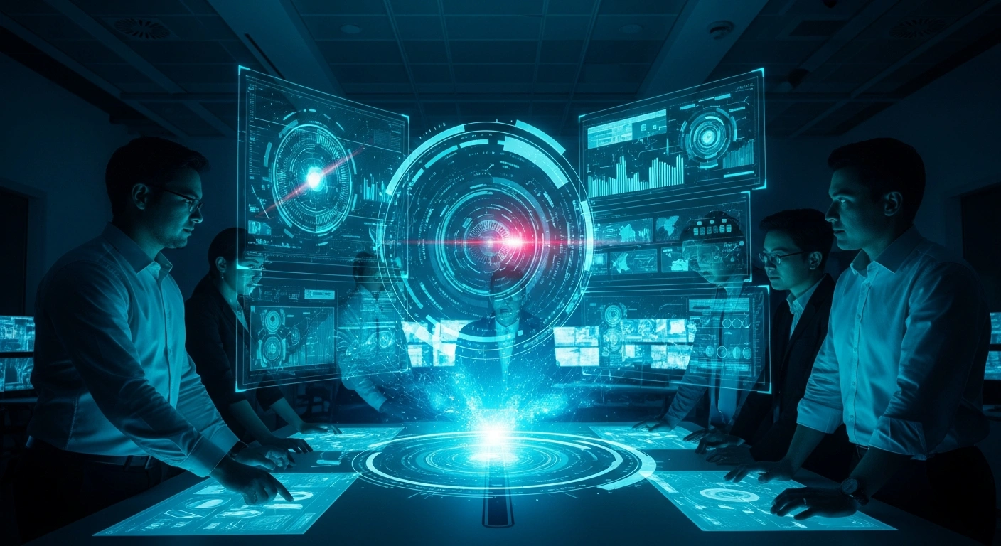 A diverse group of cybersecurity experts from Arab nations collaboratively analyze complex digital threat visualizations projected onto holographic displays in a high-tech operations center in Doha, symbolizing joint cooperation against evolving digital threats.