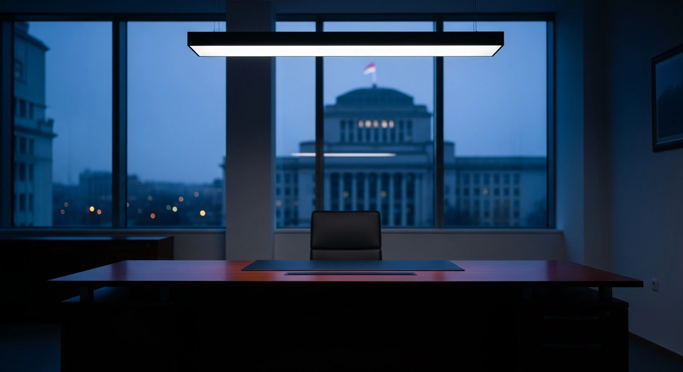 A modern, dimly lit office space represents the diplomatic environment where Qatar's Ministry of Foreign Affairs issued a statement denying the transfer of frozen Iranian assets.