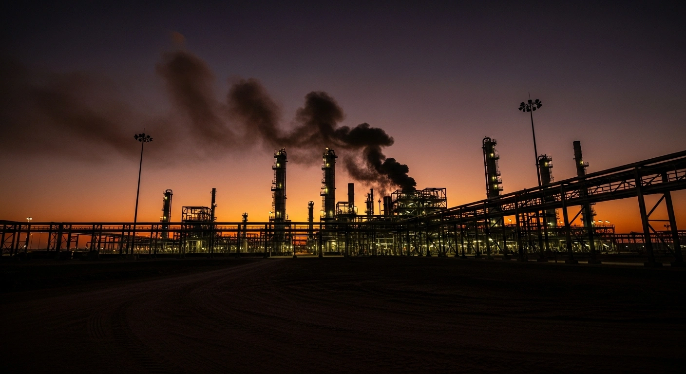 A view of the industrial gas facility in Ras Laffan, Qatar, following a tragic explosion that resulted in the deaths of twelve Indian nationals.