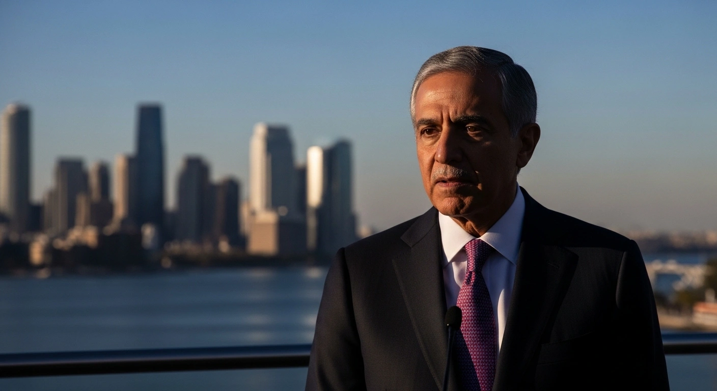 A distinguished diplomat, representing Qatar's Prime Minister Sheikh Mohammed bin Abdulrahman Al Thani, stands with a grave expression against a blurred city skyline, symbolizing the fragility of the ceasefire agreement between Hamas and Israeli soldiers and the renewed hostilities in Gaza.