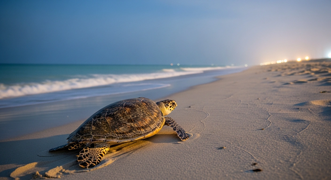 An endangered Hawksbill turtle crawls onto a protected sandy beach in Qatar during the 2026 nesting season.