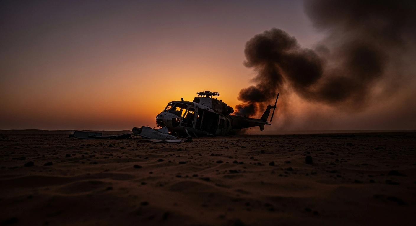 The wreckage of a helicopter lies in the Qatari desert following a fatal crash involving Qatar-Turkey joint forces personnel.