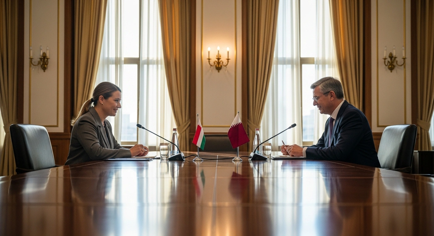 Dr. Ahmed bin Hassan Al Hammadi of Qatar and Henrietta Balajthy of Hungary are seated at a polished conference table in a modern Doha conference room, engaged in political consultations to strengthen bilateral relations on February 3, 2026.