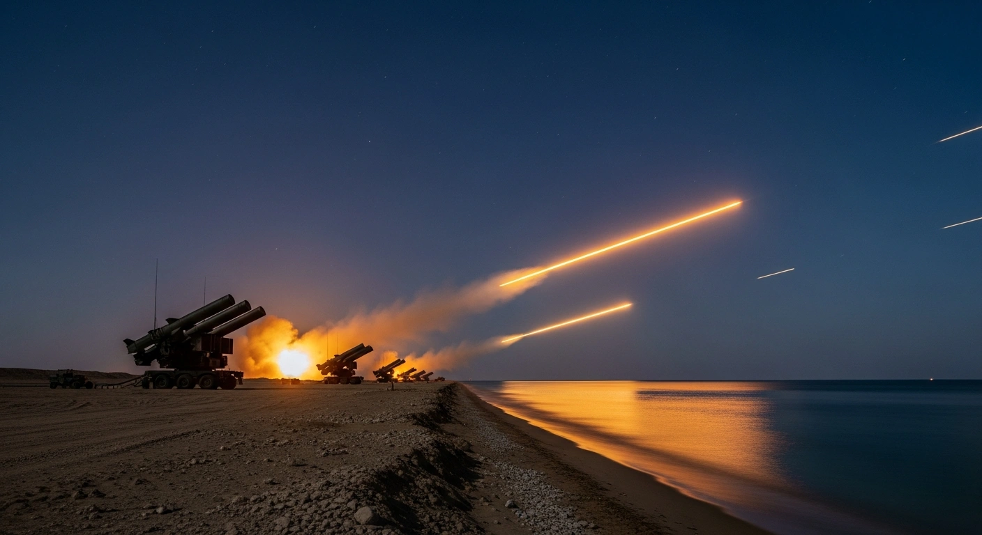 Qatari air defense systems intercept and neutralize incoming drones over the coastline during a night operation.
