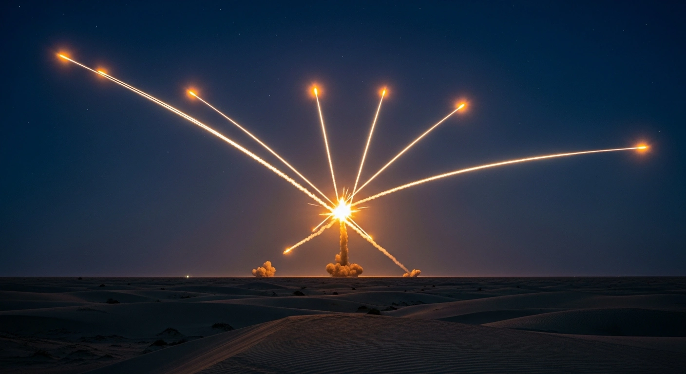 Qatari air defense systems intercept ballistic and cruise missiles in the night sky over the desert.