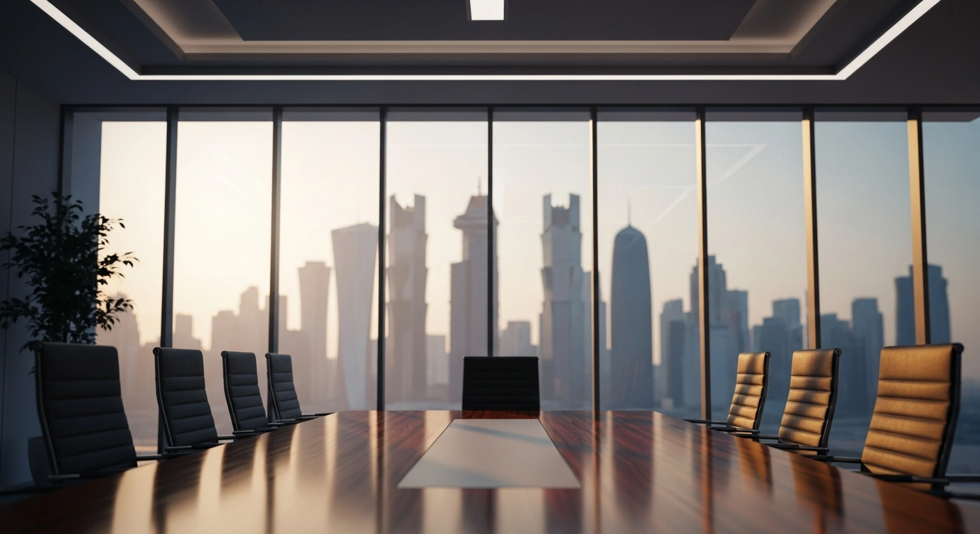 A modern, sunlit boardroom in Doha represents the restructuring of the Qatar Leadership Centre board under the guidance of the Amir of Qatar.
