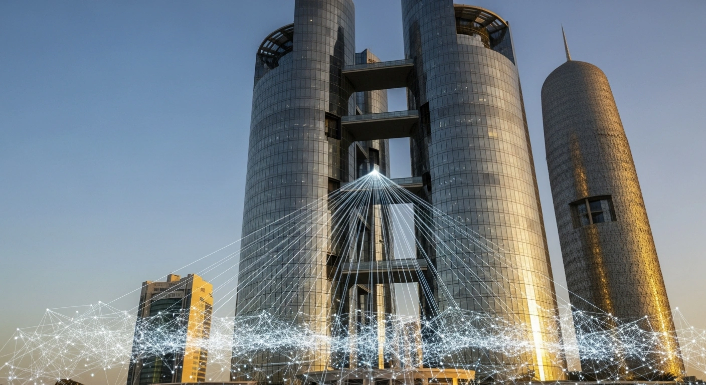 A low-angle, wide shot captures a modern Qatari financial tower at dawn, its reflective surfaces shimmering with golden sunlight, with subtle digital light lines converging towards it, symbolizing the QFMA's new regulations for share pricing and market stabilization designed to attract foreign investment.