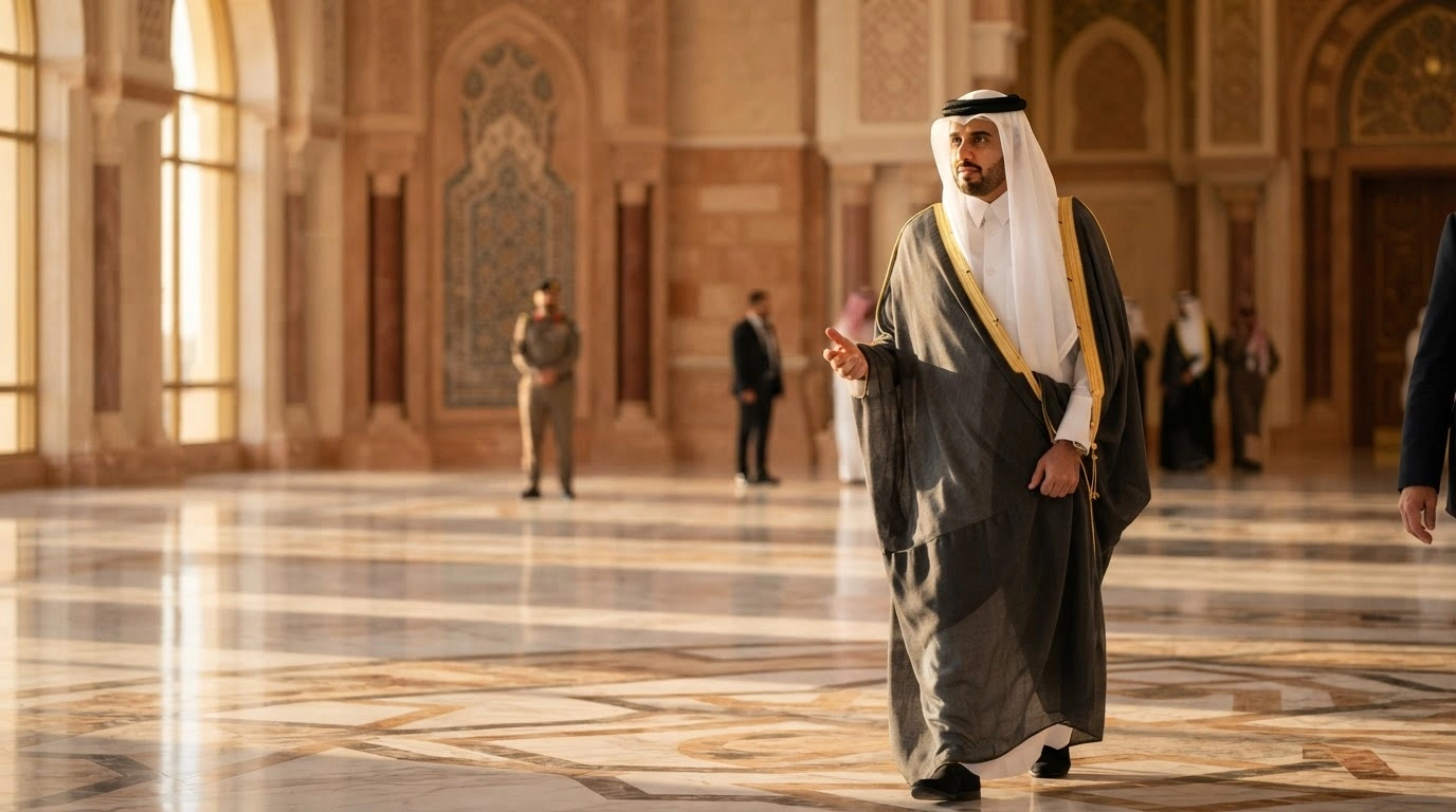 Qatari Prime Minister Sheikh Mohammed bin Abdulrahman Al Thani walks through a grand hall in Riyadh during an official diplomatic visit to Saudi Arabia.