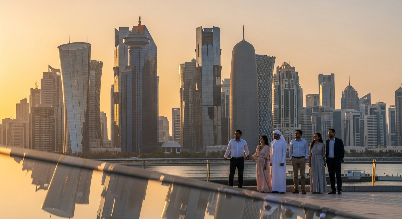 A diverse group of professionals and a family stand on a modern promenade, looking confidently at the golden-lit Doha skyline at sunset, symbolizing Qatar's new 10-year residency permit for investors and skilled professionals.