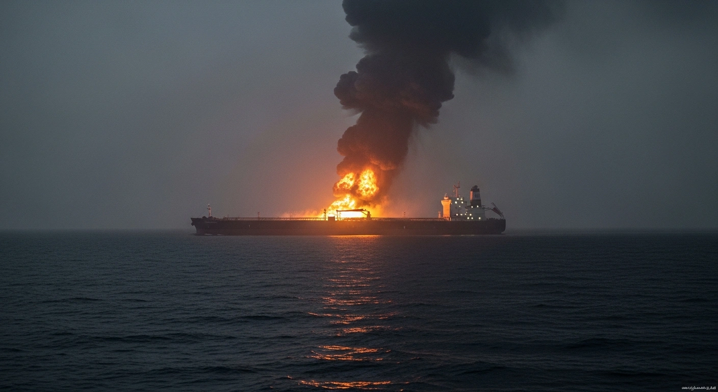 A damaged fuel oil tanker chartered to QatarEnergy burns in the Persian Gulf after being struck by a missile.