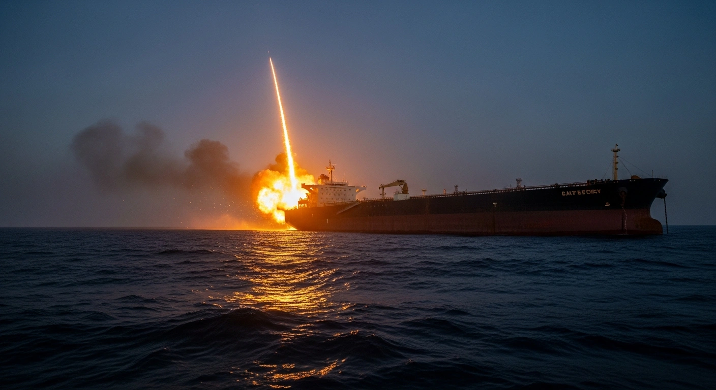 A fuel oil tanker chartered to QatarEnergy is struck by a missile in the Persian Gulf, causing a large explosion on the deck.