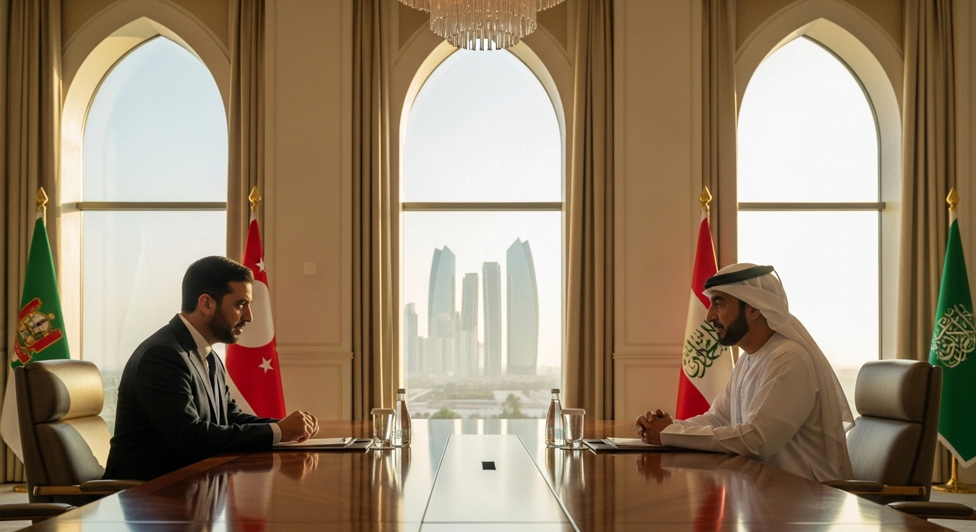 HH the Amir Sheikh Tamim bin Hamad Al-Thani of Qatar and UAE President Sheikh Mohammed bin Zayed Al Nahyan are shown meeting in a sunlit, opulent room in Abu Dhabi, discussing bilateral ties and regional peace.