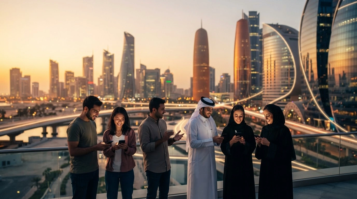 A diverse group of people in Qatar uses mobile devices in a modern city to represent the Communications Regulatory Authority's initiative for universal telecommunications access.