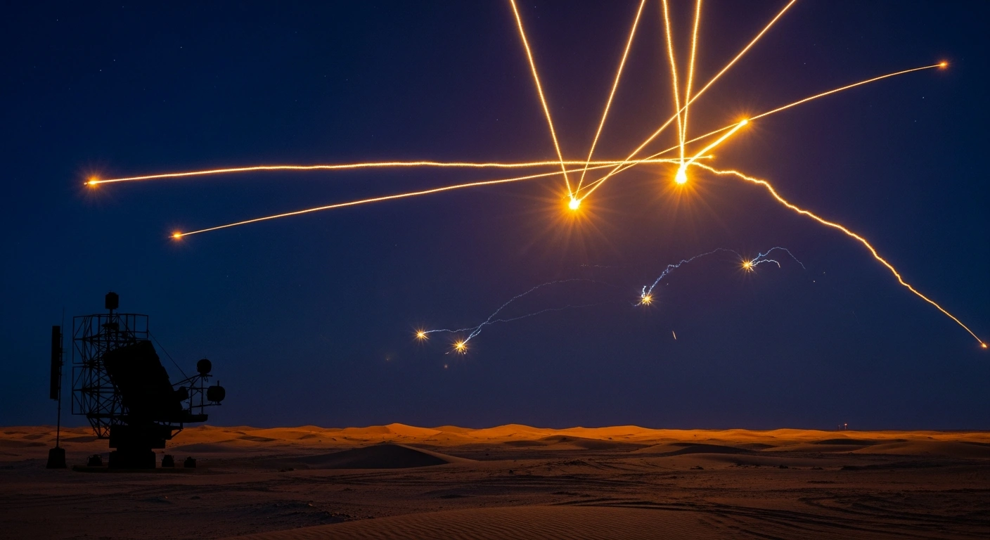 Qatari armed forces intercept and neutralize hostile drones in the night sky over the desert.