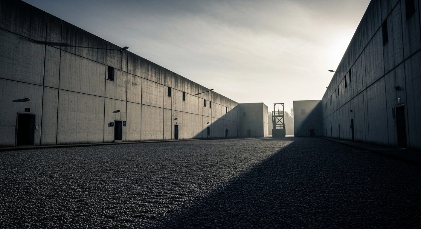 A somber view of the exterior of a prison facility in Iran where two women were executed by hanging following murder convictions.