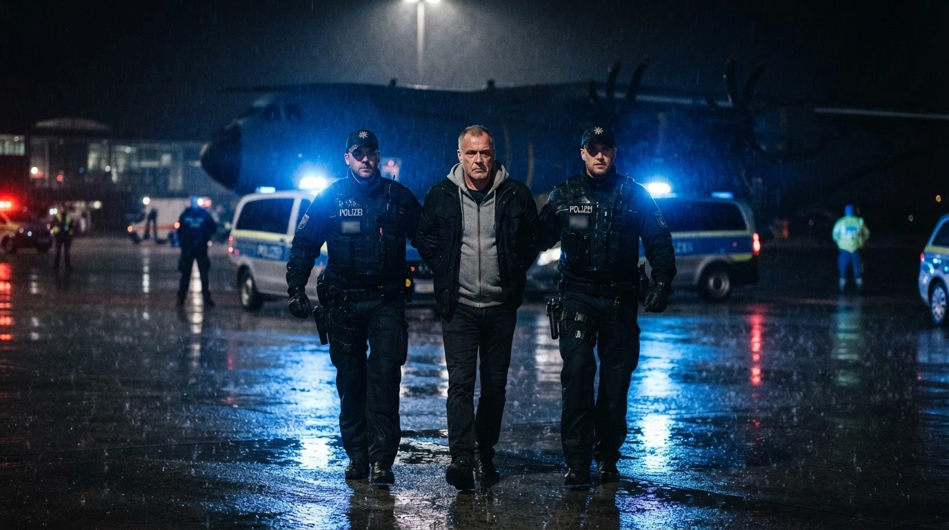 A Russian national accused of being a member of the Qilin ransomware group is escorted by German police officers after being extradited to Germany.
