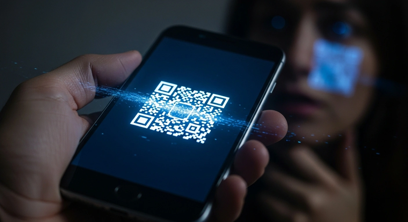 A close-up shot of a hand holding a smartphone, its screen displaying a distorted QR code that casts an ominous blue light onto a partially visible, anxious face, symbolizing advanced QR code scams and the theft of sensitive data.