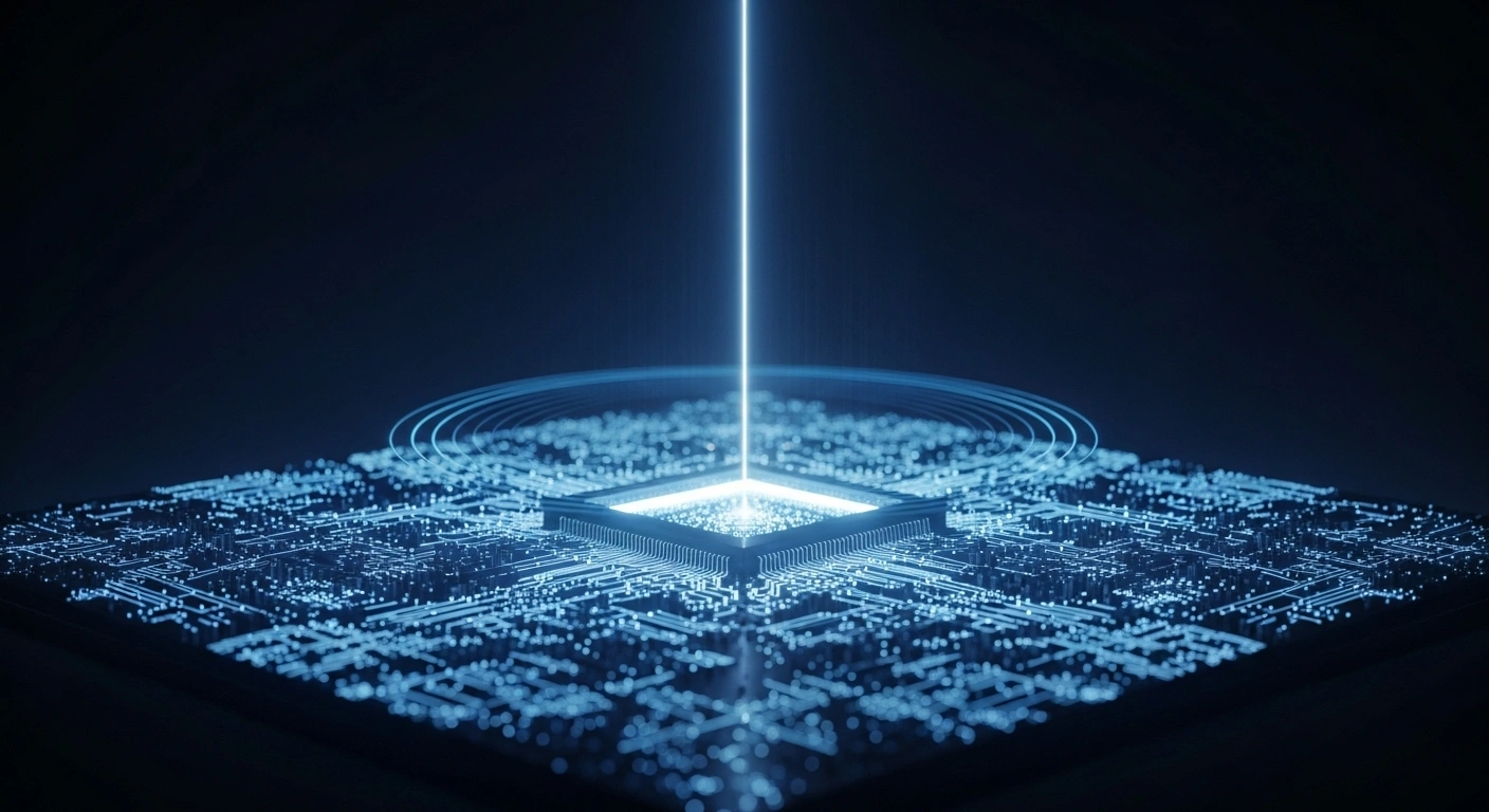 A photorealistic image depicts a dimly lit, sophisticated laboratory where a complex, glowing circuit board, illuminated by a focused beam of ethereal blue light, symbolizes the foundational work of Nobel laureates John Clarke, Michel H. Devoret, and John M. Martinis in macroscopic quantum mechanical tunneling and energy quantization, paving the way for advanced digital technologies like quantum computing and sensors.