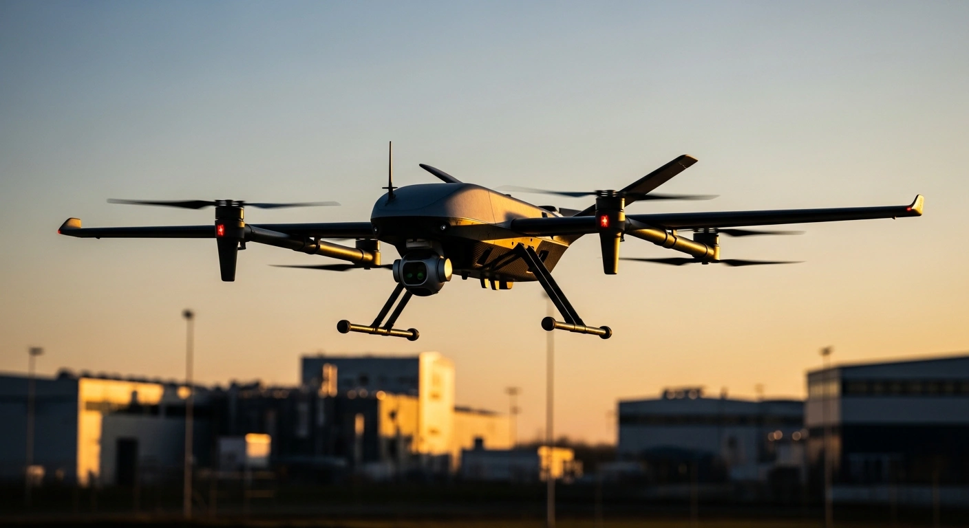 A high-tech autonomous surveillance drone hovers above a modern German manufacturing facility following a major funding round for Quantum Systems.