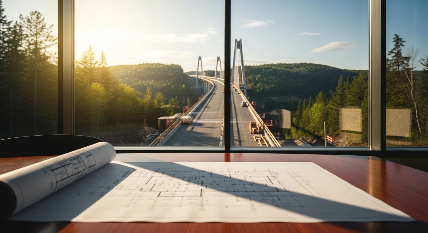 A professional architectural blueprint for a major infrastructure project sits on a table in front of a construction site to represent the new federal and Quebec one project one review agreement.