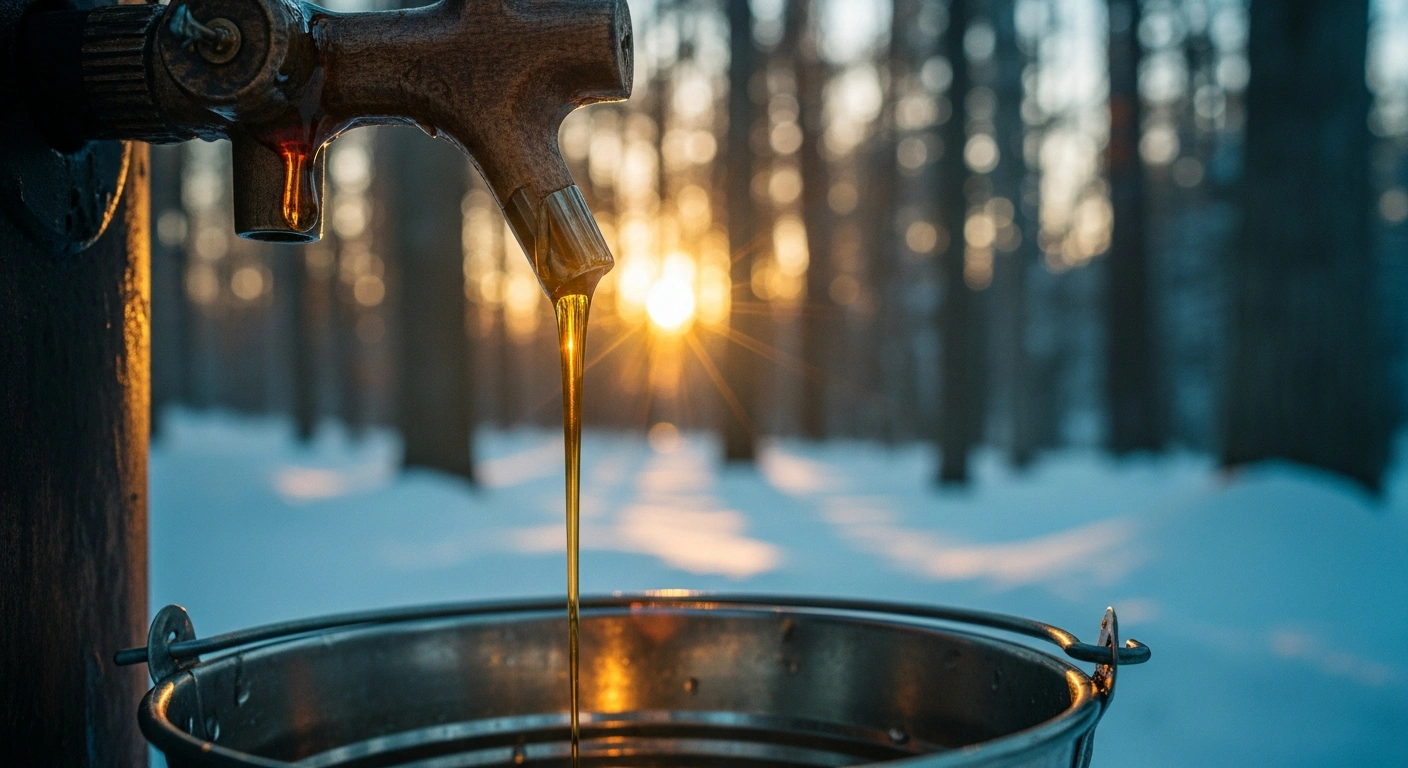 A close-up view of a maple syrup tap dripping into a bucket during the Quebec sugar shack season.