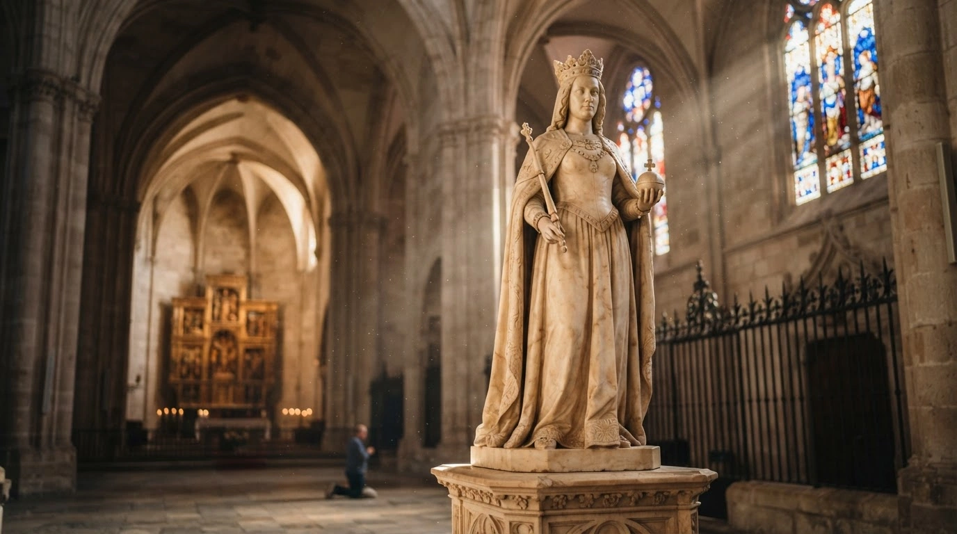 A detailed marble statue of Queen Isabella I of Castile stands inside a historic cathedral, representing the regional government's support for her beatification.
