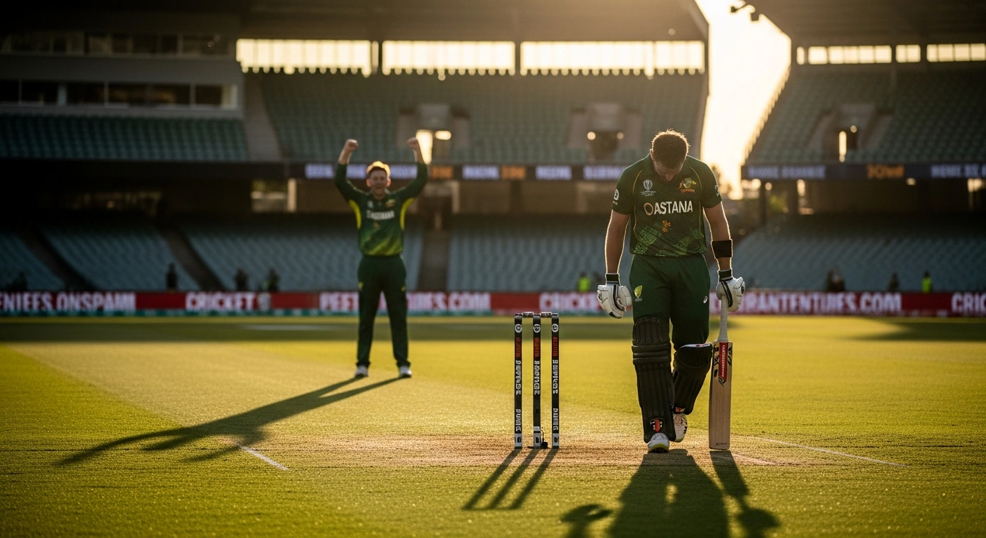 A dejected Queensland Bulls batsman walks off the pitch at The Gabba, head bowed in defeat after a stunning batting collapse, while a triumphant South Australian bowler celebrates a wicket, symbolizing the Redbacks' seven-wicket victory.