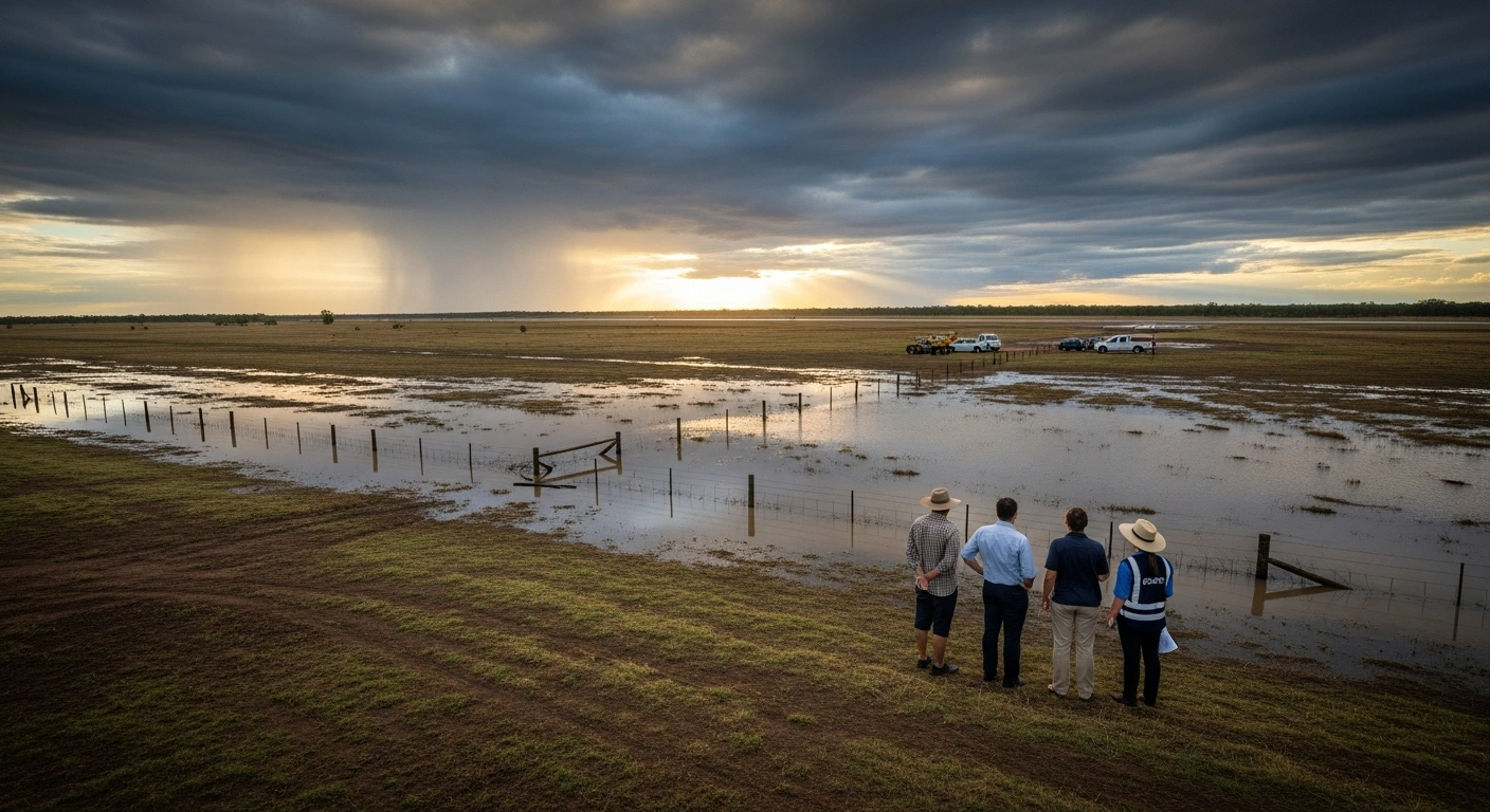 A wide, low-angle shot depicts the vast, waterlogged plains of North-West Queensland under a clearing sky, with a small group of people looking towards a distant, partially repaired airstrip, symbolizing the disaster recovery aid from the Australian and Queensland governments for flood-affected communities, primary producers, and infrastructure repairs following devastating monsoonal rains.