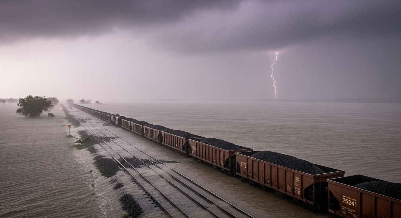A wide, cinematic shot shows a partially submerged freight train on buckled rail lines amidst a vast, flooded plain in Queensland, Australia, under a dark, stormy sky with heavy rainfall, illustrating the severe disruption caused by Tropical Cyclone Koji to coal logistics.