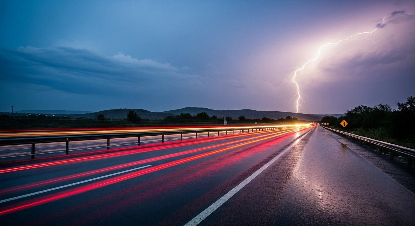 A rain-slicked highway in Querétaro, Mexico, features heavy traffic under a stormy sky with visible lightning strikes.