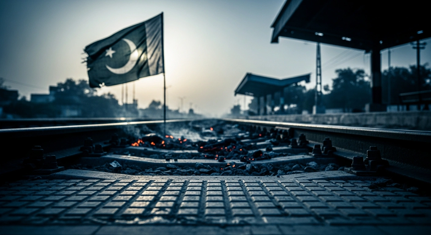 A somber scene at a railway station in Quetta, Pakistan, following a suicide bombing, with debris scattered across the tracks under a dim morning sky.