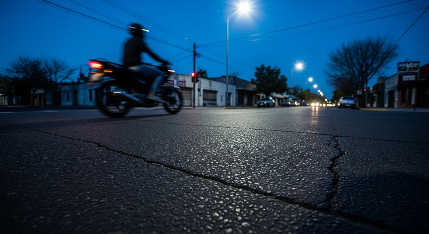 A police investigation scene unfolds on a street in Quilmes, Argentina, following a fatal shooting involving an off-duty officer and an armed suspect on a motorcycle.