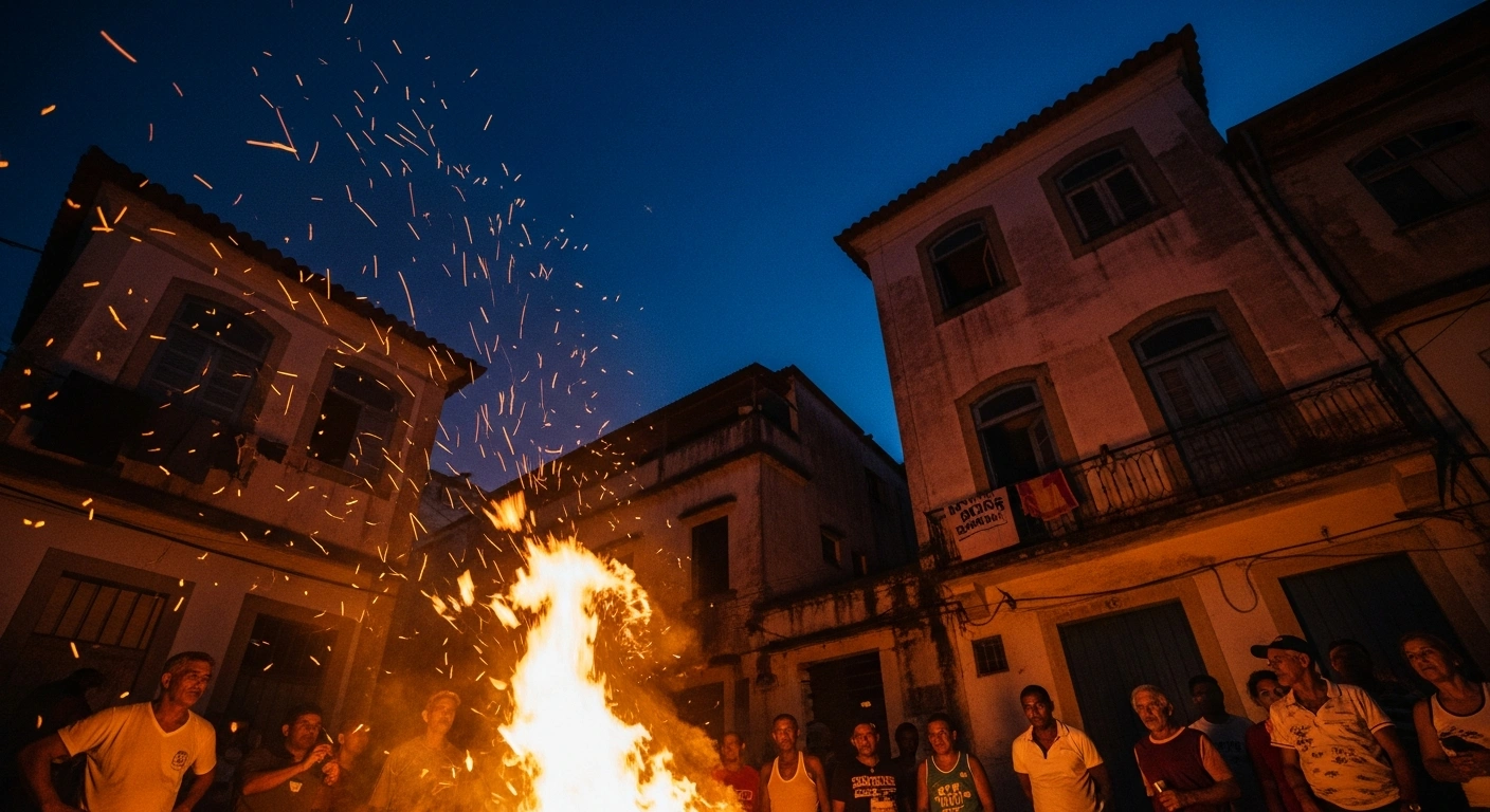 Residents of the Quilombo Urbano Mineiro Pau in Rio de Janeiro gather around a large traditional bonfire to honor their ancestral heritage.