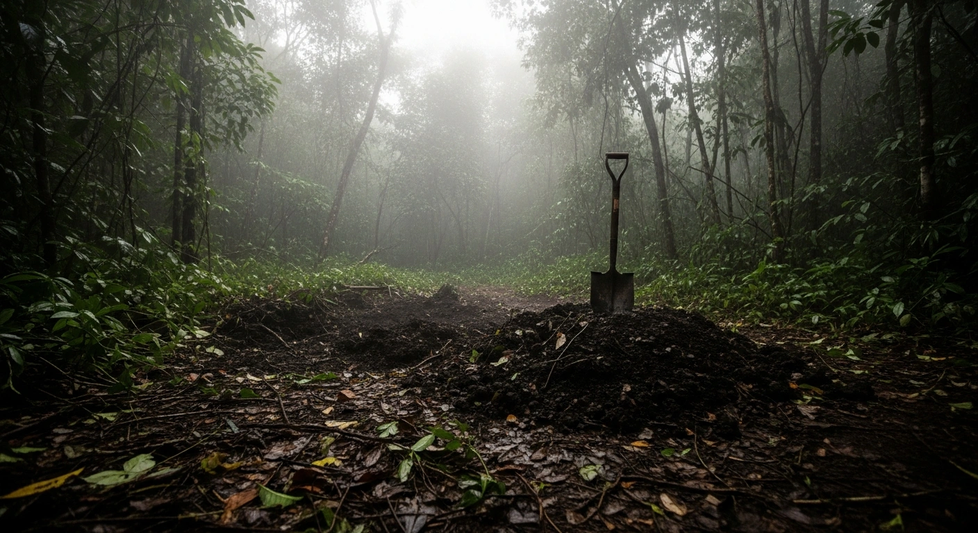 A wide, low-angle view of a recently disturbed, overgrown patch of earth in a dense, humid jungle near Leona Vicario, Quintana Roo, Mexico, where authorities discovered a clandestine cemetery containing the remains of 16 people, highlighting organized crime.