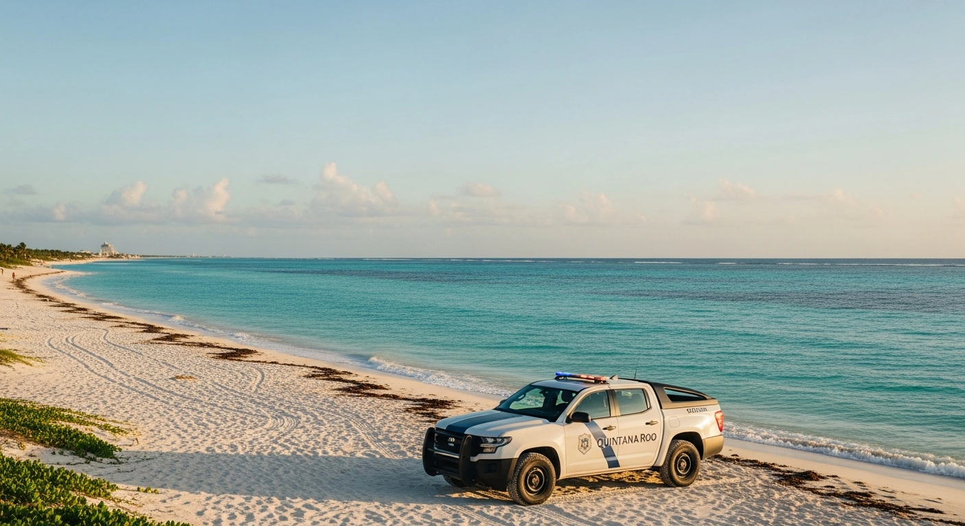 A modern security patrol vehicle sits on a peaceful beach in Quintana Roo, Mexico, representing the region's significant reduction in homicide rates.