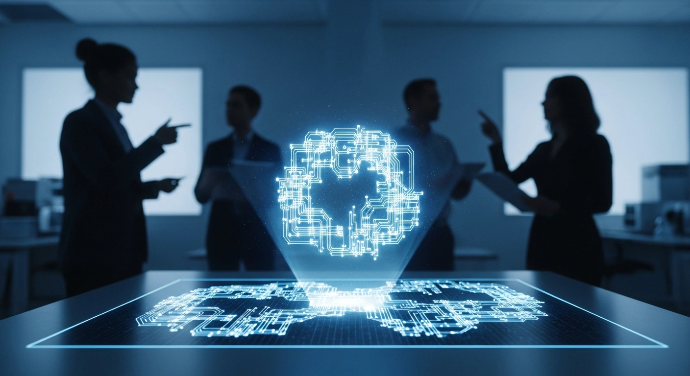 A high-tech laboratory features a glowing holographic projection of a complex silicon-based quantum circuit, with blurred researchers in the background, symbolizing Quobly's new quantum computing subsidiary in Sherbrooke, Quebec.