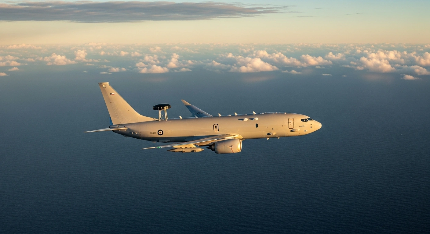 A Royal Australian Air Force maritime patrol aircraft flies over the Indian Ocean during an Operation Gateway mission to support regional security.