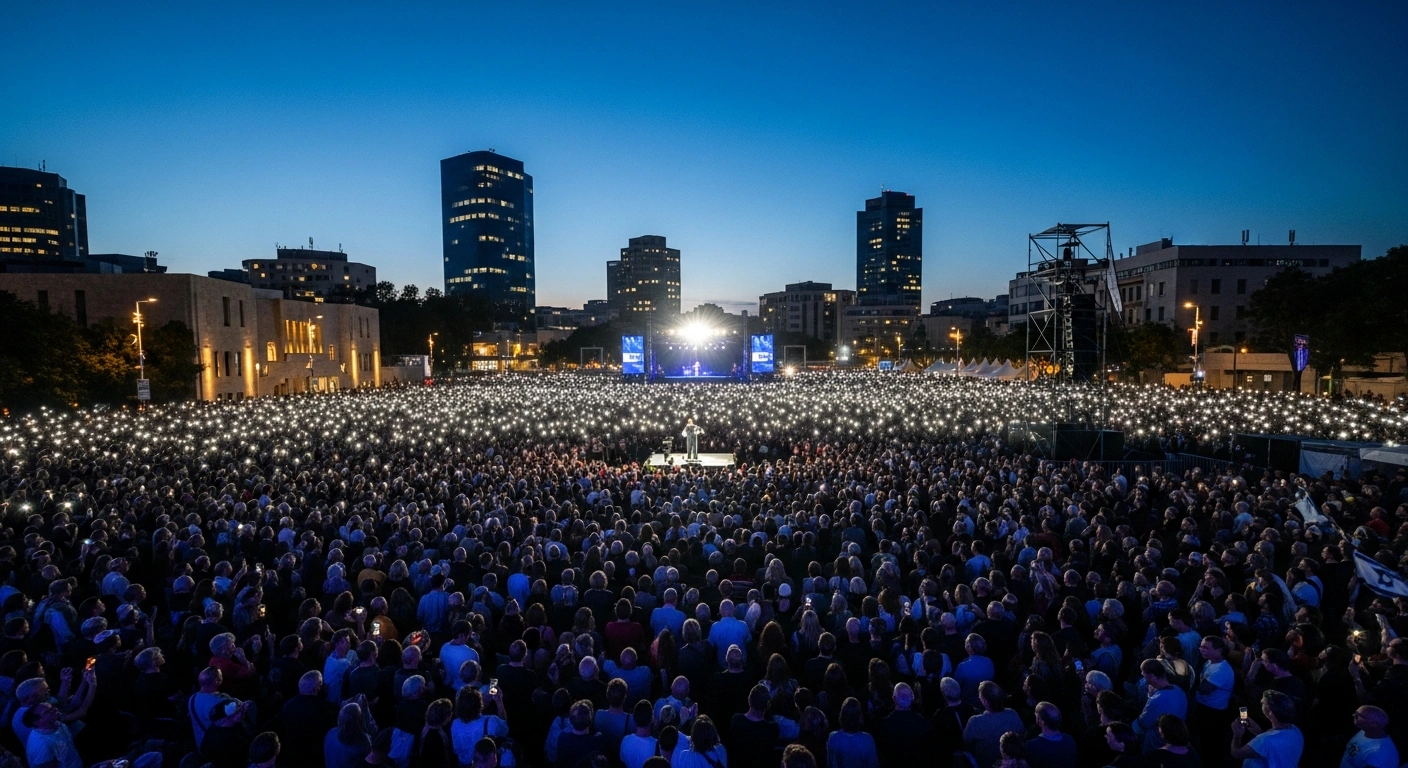 A massive crowd of people at a twilight rally in Tel Aviv, illuminated by phone screens and candles, faces a brightly lit stage where a speaker addresses them, commemorating Yitzhak Rabin's assassination and calling for national unity and the return of hostages.