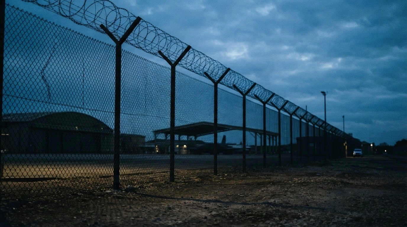 A high-security perimeter fence at the RAF Fairford military base stands under a dark, moody sky following a security incident involving two men.