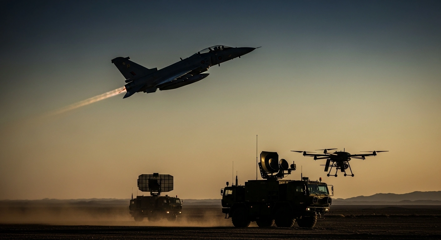 A Royal Air Force fighter jet patrols the sky above a specialized UK military counter-drone unit stationed in the Middle East.