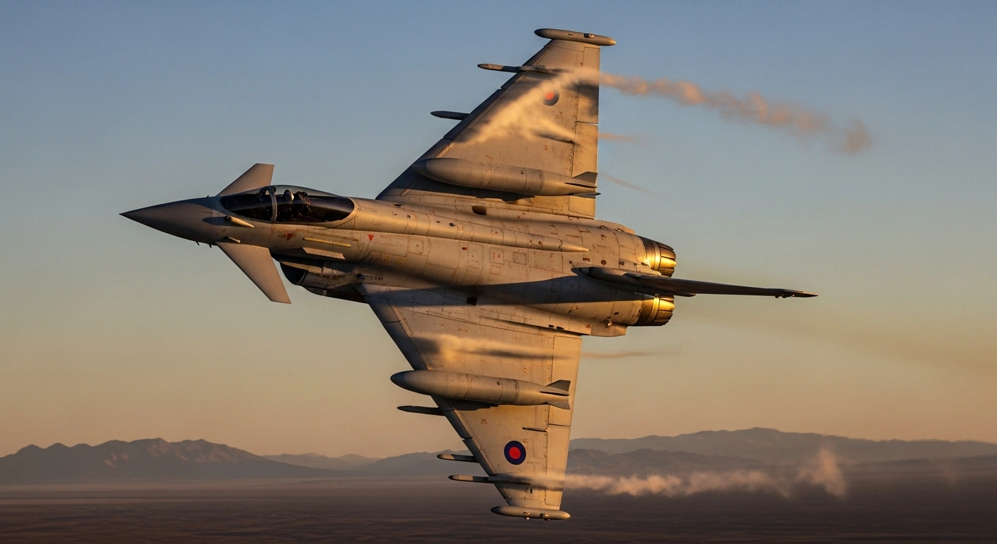A Royal Air Force fighter jet conducts a defensive patrol flight over a desert landscape in the Middle East.