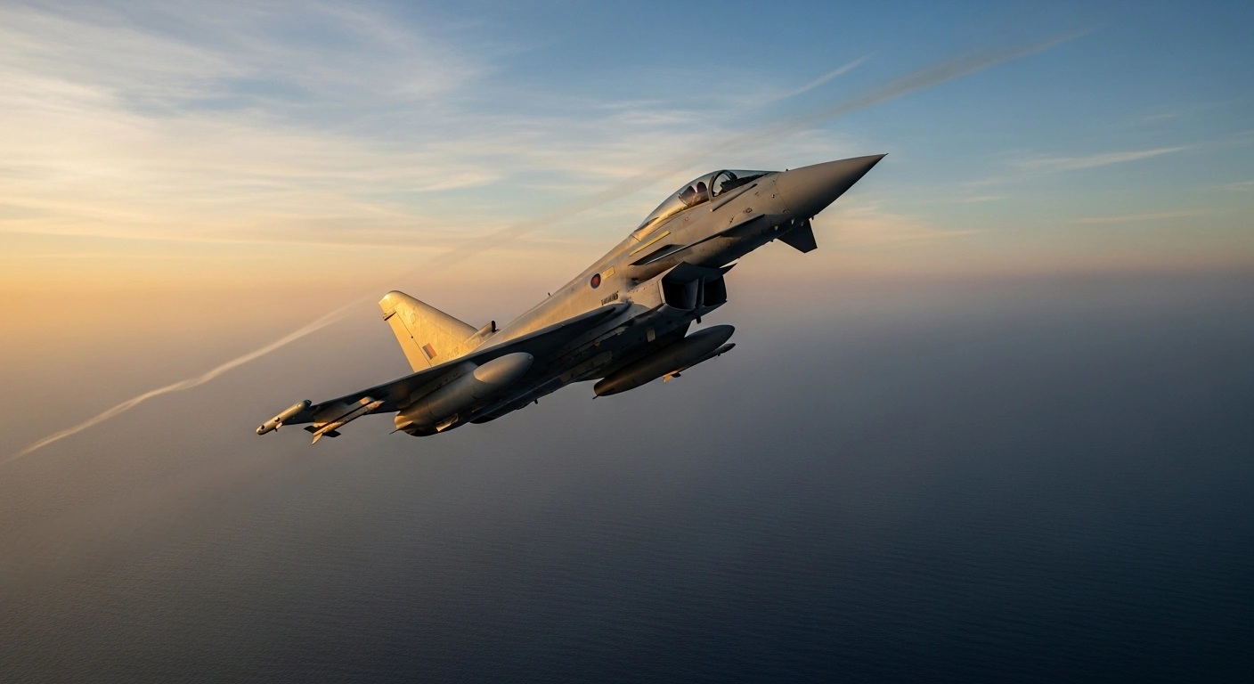 A Royal Air Force Typhoon jet patrols the skies over the Gulf to intercept drones and protect international shipping lanes.